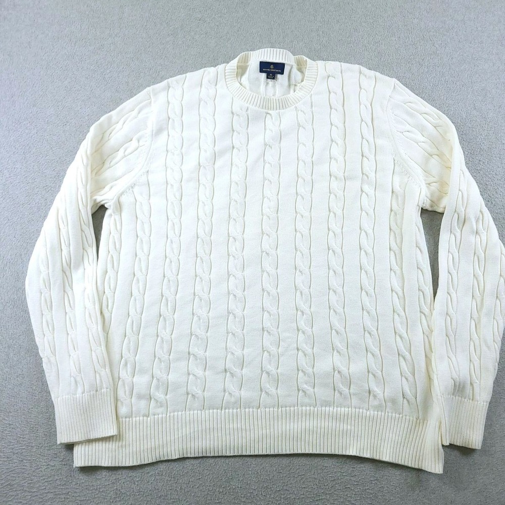 Brooks Brothers Sweater Mens XL Off White Cable Knit Crewneck 100% Cotton
